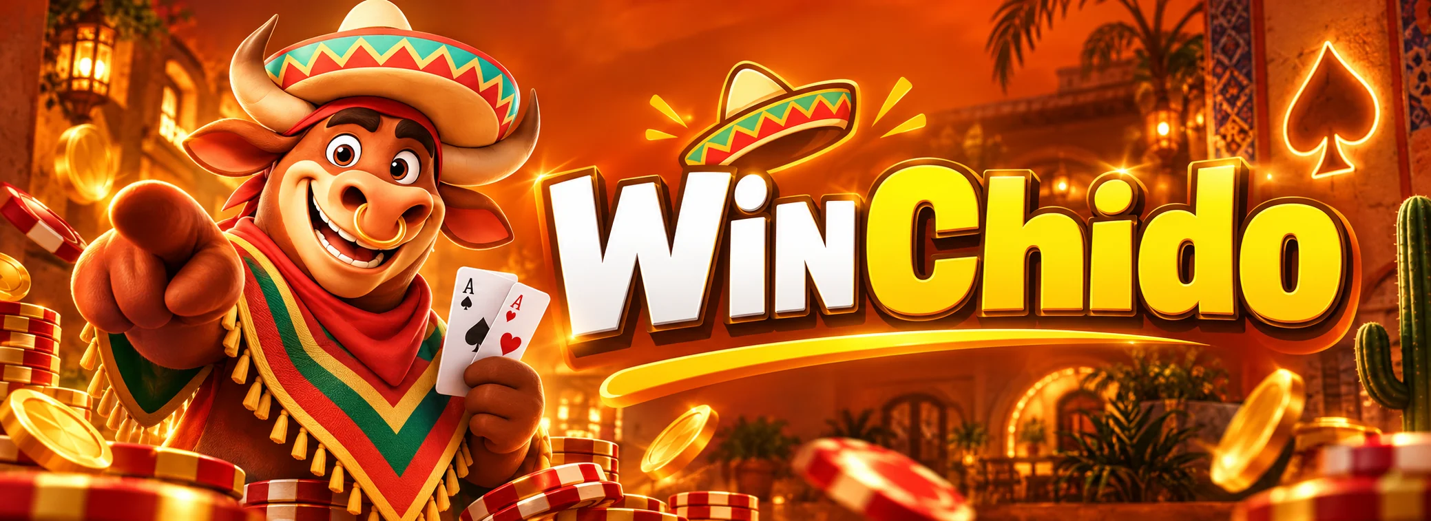 Mascota toro con sombrero de WinChido Casino junto al bono de bienvenida de $3,000 MXN